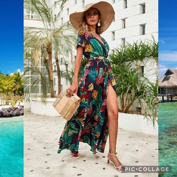 Boho Floral Maxi Open Leg Wrap Belted Dress Size Medium - Picture 3 of 8